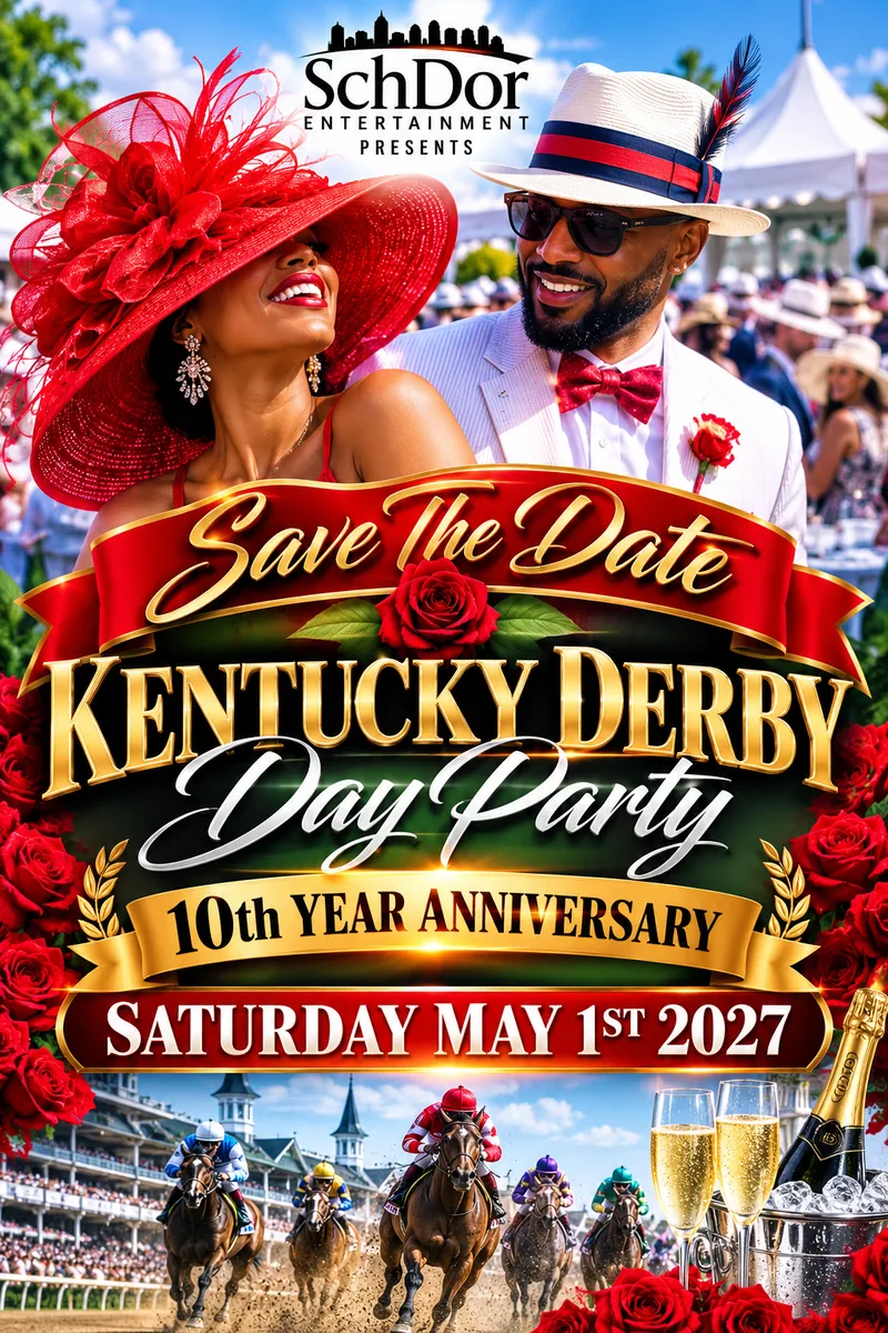 Save the date flyer: SCHDOR Entertainment Kentucky Derby Day Party, 10th Year Anniversary, Saturday May 1, 2027