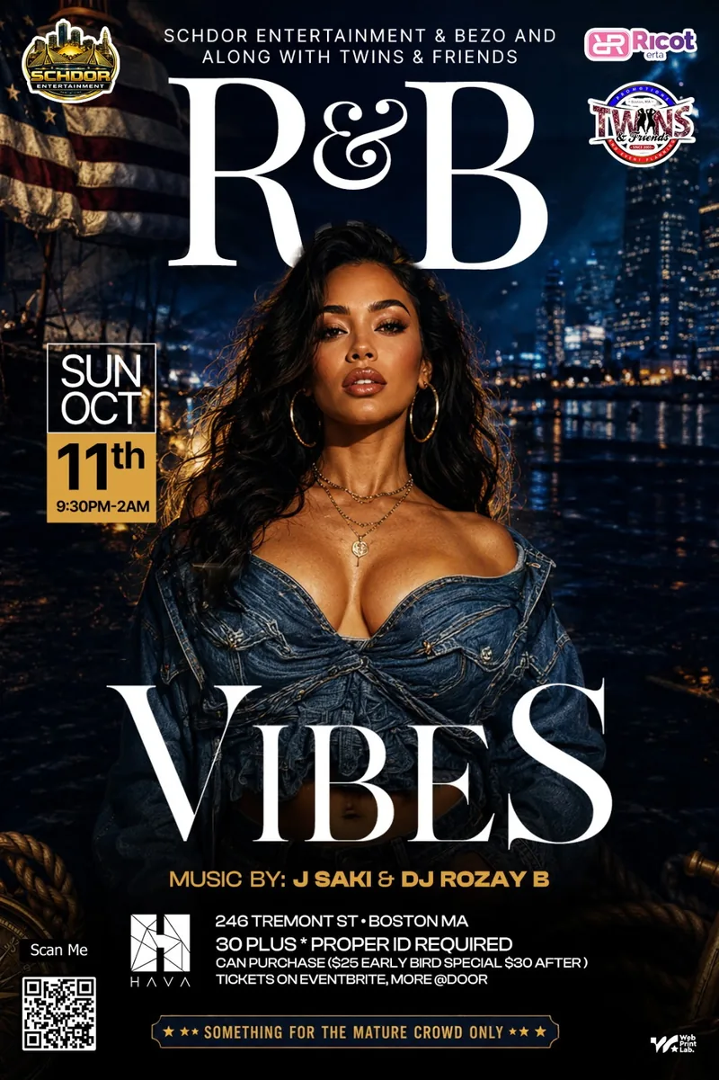 R&B Vibes flyer: Sunday October 11, 2026, 9:30PM–2AM at HAVA, 246 Tremont St, Boston. 30 plus, proper ID required. Music by J Saki & DJ Rozay B